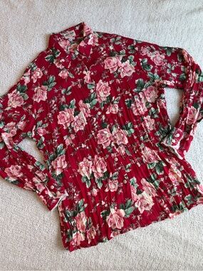 Vintage Guess Floral Button-Down Shirt Red with Pink Roses XL 90s